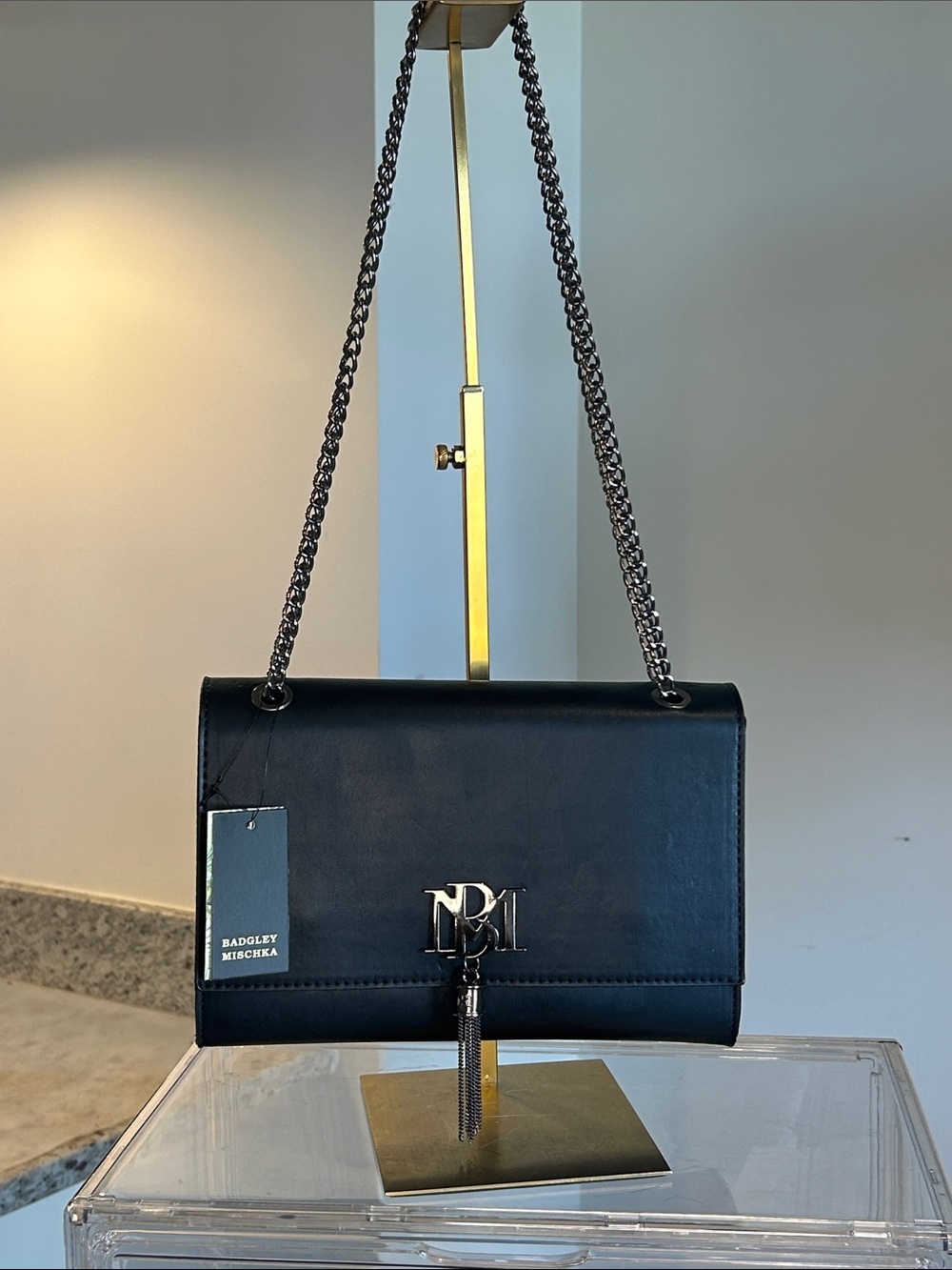 Badgley Mischka Black Vegan Leather Metal Fringe Crossbody 9.25”x 2.5”x 6” NWT